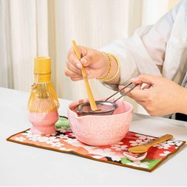 8pcs Matcha Set Whisk and Bowl kit Matcha Gift Set Includes Bamboo Whisk Ceramic Bowl with Pouring Spout Spoon Sifter Spoon Starter Holder Starter (Pink)