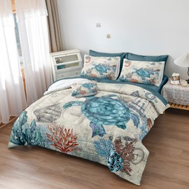 Turtle Comforter Set Ocean Turtle Bed in a Bag 8 Pieces Coastal Beach Themed Bedding with 1 Comforter, 1 Flat Sheet, 1 Fitted Sheet, 4 Pillowcases, 1 Cushion Cover (Full, Turtle)