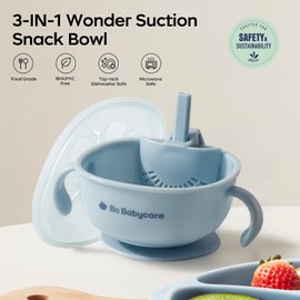 bc babycare 2 Pack 3-in-1 Baby Bowls with Ergonomic Handle, Spill-Proof Toddler Suction Bowls, Built-in Straw with Filter, Microwave & Dishwasher Safe, Blue & Green