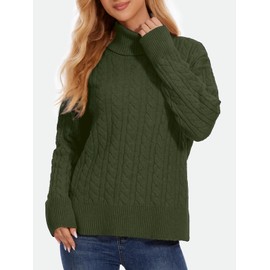 ZANZEA Turtleneck Sweater Women Long Sleeve Oversized Pullover Spilt Hem Chunky Cable Knit Jumper Fall Sweaters 2025 Army Green X-Large
