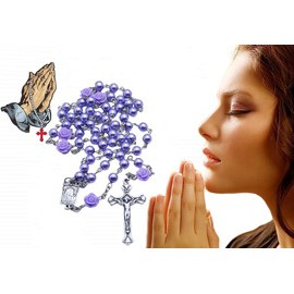 Kuesn Amethyst Catholic Rosary Necklace 6mm Purple Pearl Beads Rose Flower Cross Religious Necklace (Light Purple)