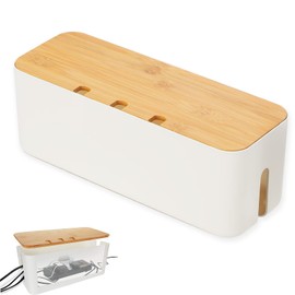 Cable Management Box, Larger Cable Tidy Box Cord Organizer Boxes with Bamboo Lid Cables Organised Boxes Includes Cables Ties Reusable Straps for Hiding Messy Wire Management