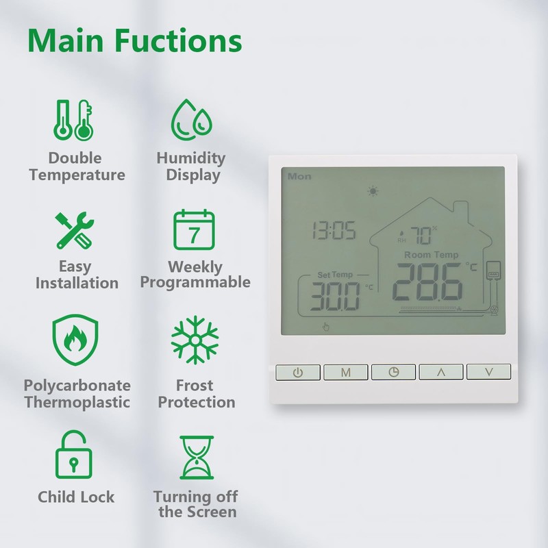 Wengart Digital Thermostat WG905,Programmable Thermostat with Humidity Display,Precise Temperature Control,Suitable