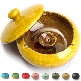 Ashtray with Lid for Outside Patio, Windproof Ash tray, Ceramic Smokeless Ashtray for Outdoor Home Office Tabletop Patio Outdoor Balcony, Yellow