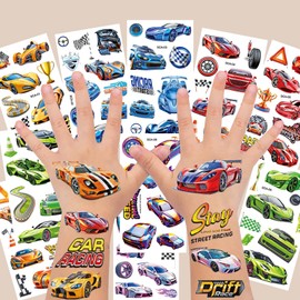 CharmeFleur Cars Temporary Tattoos for Children, 10 Sheets Car Children's Tattoos, Skin-friendly Set to Stick on, Racing,Kids' Birthday Gifts