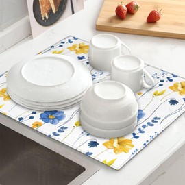 Navy Blue Yellow Flower Dish Drying Mat for Kitchen Counter Watercolor Floral Decorative Dish Drainer Rack Mats 16"x18" Absorbent Reversible Drying Pad