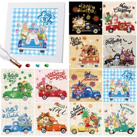 Trandraft 13 Pcs Interchangeable Seasonal Diamond Painting Kits Spring Summer 4th of July Diamond Art Kits with Frame for Cute Cartoon Holiday Table Decor Art Craft Gifts(Truck)