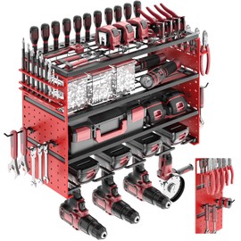 ODSNANIE Power Tool Organizer Wall Mount, 4 Layers Tool Storage Rack with 2 Side Red Pegboards, 4 Drill Bit Rack,Heavy Duty Metal Garage Tool Shelf Organize for Workshop Garage Tool Room