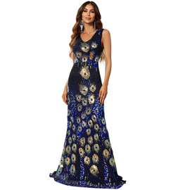 Women's Vintage Peacock Sequin Dresses V Neck Party Prom Evening Maxi Dress