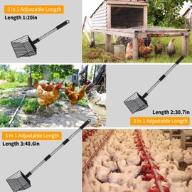 Owfeel Chicken Poop Scooper, 3-in-1 Detachable Chicken Coop Cleaning Tools (20 to 40.6 inches), Stainless Steel Sifting Shovel Litter Scooper Accessories