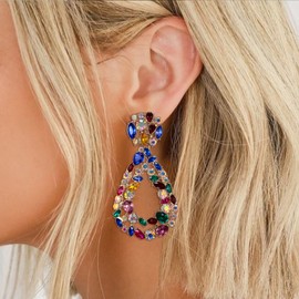 EVER FAITH Geometric Oval Raised Earrings, Vintage Statement Drop Dangle Earrings for Women Girls Red, Crystal