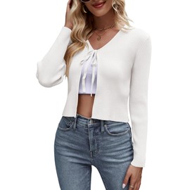 SECRETEYARD Womens Tie Front Cardigan Long Sleeve Rib Knit Shrug for Dress Sweaters Crop Tops White