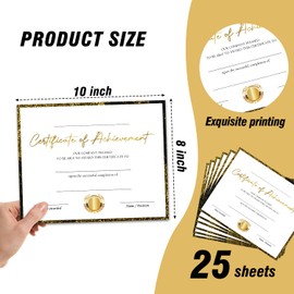 25 Gold and Black Certificate of Achievement, School Graduation Ceremony Certificates of Completion, Achievement and Recognition for Students, Teachers, Employees, 8x10 Inches