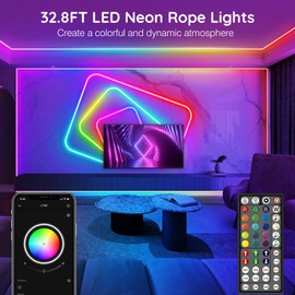 32.8Ft Neon Rope Lights,Flexible Led Rope Lights Control with App/Remote,Multiple Modes Rope Lights,IP65 Outdoor RGB Led Neon Light Waterproof,Music Sync Gaming Led Neons Light Strip for Bedroom Decor