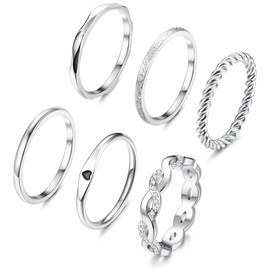 JeryWe 6 Pcs Stainless Steel Rings for Women Set Silver Knuckle Rings Stackable Simple Carve Heart Wedding Bands Engagement Promise Eternity Bands Thumb Rings for Women 8