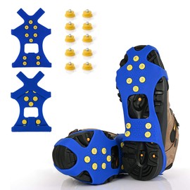 BETLLEMORY Ice Cleats, Ice Grips Traction Cleats Grippers Non-Slip Over Shoe / Boot Rubber Spikes Crampons with 10 Steel Rivets Crampons + 10 Extra Cleats (XL, Blue)