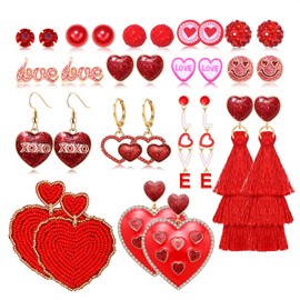 VOGUEKNOCK 15 Pairs Valentines Day Earrings for Women Beaded Heart Earrings Red Hot Pink Tassel Love Stud Dangle Earrings Galentine's Day Festive Party Gifts