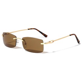 Rimless Gold Frame Sunglasses Slim Rectangular Frame 100% UV Protection Men Or Women (Brown)