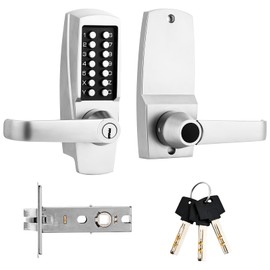 The Mechanical Keyless Entry Lever Door Lock with Keypad, Password Push Button Door Lock with Handle & Keys, Front Door Lock Set with Combination Code, Use in Warehouses,Homes, Satin Chrome