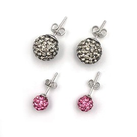CERASILVER Luxurious Czech Stone Crystal Ball Stud Earrings Set for Women (Medium Set) (gray,darkpink)