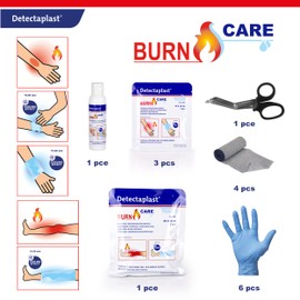 Detectaplast Burn Kit with Burn Wound Plasters, Burn and Wound Gel, Bandages, Gloves, Scissors - Sterile Hydrogel Plasters & Burn Ointment for Burns - Burns Set