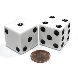 Koplow Games Set of 2 D6 25mm Large Opaque Jumbo Dice - White with Black Pips