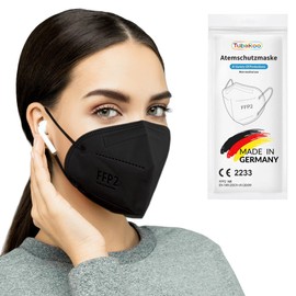 TubeRoo FFP2 Mask, Black, Pack of 10 Masks from Germany, Made in Germany, Soft Round Ear Loop Bands, Respirator Mask, Mouth Guard