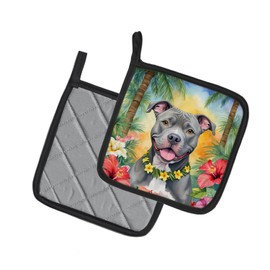 Caroline's Treasures Pit Bull Terrier Luau Pair of Pot Holders Kitchen Heat Resistant Pot Holders Sets Oven Hot Pads for Cooking Baking BBQ, 7 1/2 x 7 1/2
