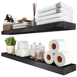 SAUCE ZHAN Floating Shelves Rustic Natural Wood Wall Shelf Open Shelving Farmhouse Live Edge Light Wooden Wall Mounted Decor for Bathroom, Living Room, Bedroom, Kitchen Set of 2 (Black, 36 inch)