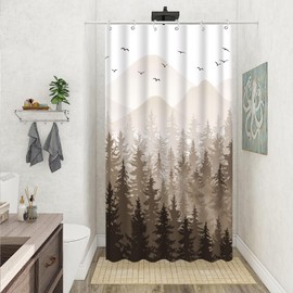 Aipon Brown Misty Forest Shower Curtain Ombre Nature Tree Plants Shower Curtains Fabric Waterproof Mountain Shower Curtain Sets for Bathroom Bath Decor (Brown, 36'' × 72'')
