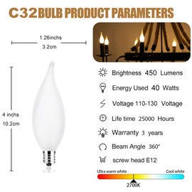 Frosted Flame Tip C32 Chandelier Light Bulbs, 60W E12 Candelabra Base, 120V Dimmable Candle Bulbs with Warm White for Chandeliers, Ceiling Fans, Outdoor, Porch, Hallway, Decorative Lighting (6 Pack)