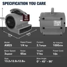 MOUNTO 1/4hp 1000CFM 2 Speed Air Mover Carpet Dryer Floor Fan Cooling Fan (Grey)