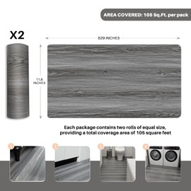 auxua Wood Grain Peel and Stick Floor Tiles – 11.8” Width, 2 Rolls(Total 105 feet Long) – Versatile Design for Any Space, Grey Color Self Adhesive Vinyl Flooring, Waterproof and Non-Slip Features