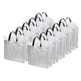 PATIKIL 13"x11"x5" Gift Bags with Tissue for Presents, 12 Set Reusable Non-Woven Metallic Shiny Gift Goodie Bags Party Favor Bags for Wedding, Birthday, Christmas, White