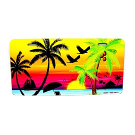 DIGIART INTERNATIONAL TROPICAL BEACH PALM TREES OCEAN SUNSET Metal Novelty Car License Plate Tag