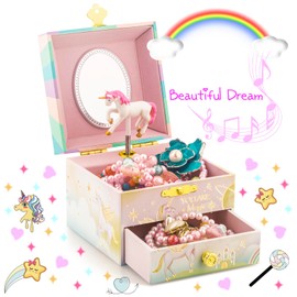 A&A Music Jewelry Box for Girls Paired with Magic Unicorn Theme Rotating Playback the Tune for Beautiful Dream Pink-Purple
