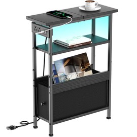 Creso hom Narrow Side Table with Charging Station and LED Light, End Table with 1 Fabric Drawer, Skinny Nightstand with USB Ports & Type-C, Slim Bedside Table for Bedroom, Living Room, Black