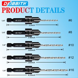 DKIBBITH 12-Piece Countersink Drill Bit Set with 5 Spare Bits, 2 Limit Rings, 1 Hex Key, 2 Screws & Case - 3-in-1 Wood Countersink Bit for #6#8#10#12#16 Screws, 82°Chamfer, Depth Adjustable.
