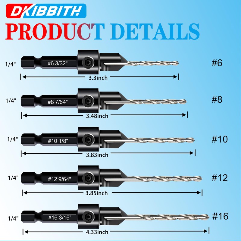 DKIBBITH 12-Piece Countersink Drill Bit Set with 5 Spare Bits,