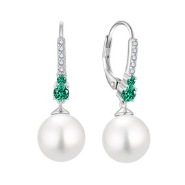 BELRYO Pearl Earrings Women,925 Sterling Silver Pearl Leverback Dangle May Birthstone Emerald Earrings with Cubic Zirconia,10MM Freshwater Cultured Pearl Jewelry for Women