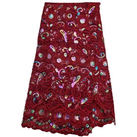 5 Yards of Sequined French African Tulle Lace Fabric for Dressmaking, African Bridal Weddings, Parties, and Nigerian Lace (Maroon)