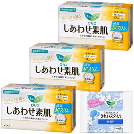 Laurier Happiness Bare Skin Ultra Slim, Light Daily Use, Wingless, 6.7 inches (17 cm), 32 Packs x 3 Sets (96 Covers) + Bonus