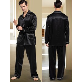COLD POSH 100% 19MM Mulberry Silk Pajamas for Men Soft Lightweight Mens Silk Pajama Set for Valentines Pjs Black
