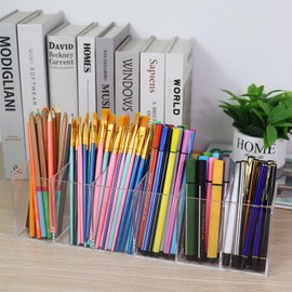 Flytreal 2PCS Acrylic Pencil Organizer for Desk, 6 Compartments Clear Pen Marker Makeup Brush Storage Holder Cup for Stationery, Art Supplies, Drink Packets, Desk Accessories, Office, Vanity, Kitchen