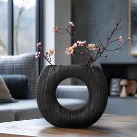 Torre & Tagus Black Donut Vase for Flowers - 9 Inch Tall Textured Vases for Centerpieces with 2 Openings, Sculptures Home Decor & Abstract Sculptures Home Decor for Shelf Decor Aesthetic (Alma)