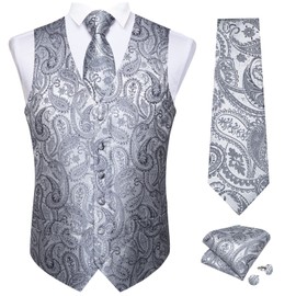 DiBanGu Silver Men Suit Vest Formal Paisley Vest with Tie Pocket Square Cufflinks Silk Waistcoat Set for Wedding