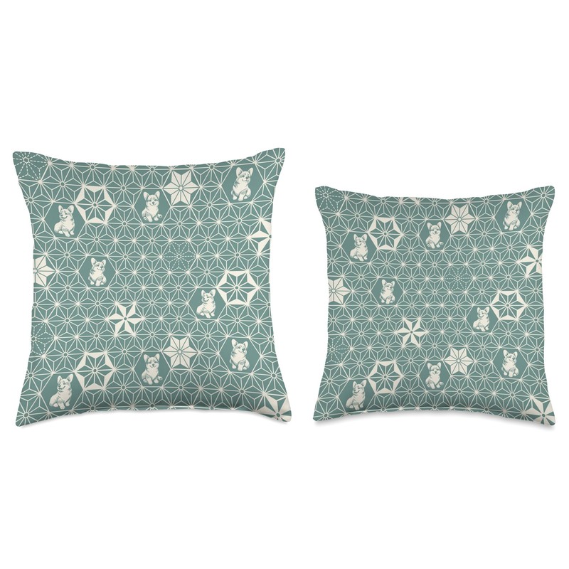 Corgi Cute Traditional Japanese Kimono Pattern Mint Green Throw Pillow