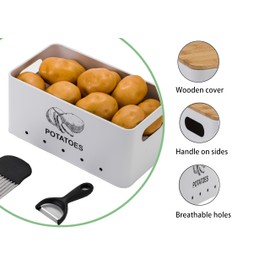 Metal Onion Garlic Potato Storage Set, Kitchen Vegetable Storage Tins Set of 3, + 3 Stainless Steel Gadgets, Canister Sets for Kitchen Counter with Aerating Holes and Wooden Bamboo Lids-White