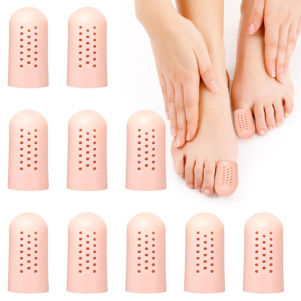 Gel Toe Caps, Toe Protection, Large Toe, Breathable Toe Caps for Corns Blisters, Missing or Ingrown Toenails, Calluses, Friction Pain, Beige, Pack of 10
