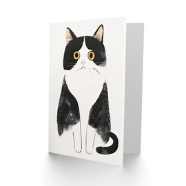 Artery8 Greeting Card Tuxedo Cat Lover Cute Black White Pet Yellow Eyes Blank For Him Or Her Art Birthday Card